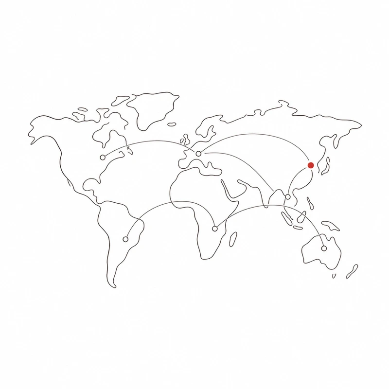 Line-drawing world map illustration: red dots marking global AI coverage nodes and international market growth paths