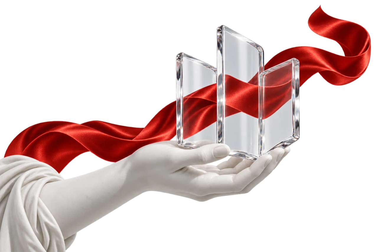 A marble hand supports a glass archive connected by red silk.
