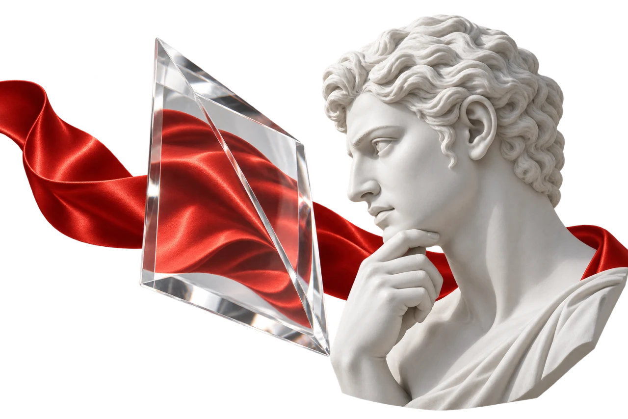 A Roman sculpture observes red silk through an optical prism.