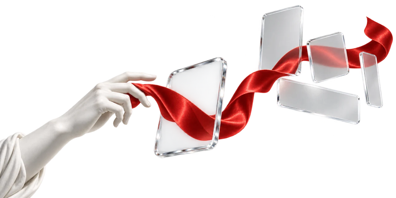 A marble hand guides red silk through glass panels in different formats.