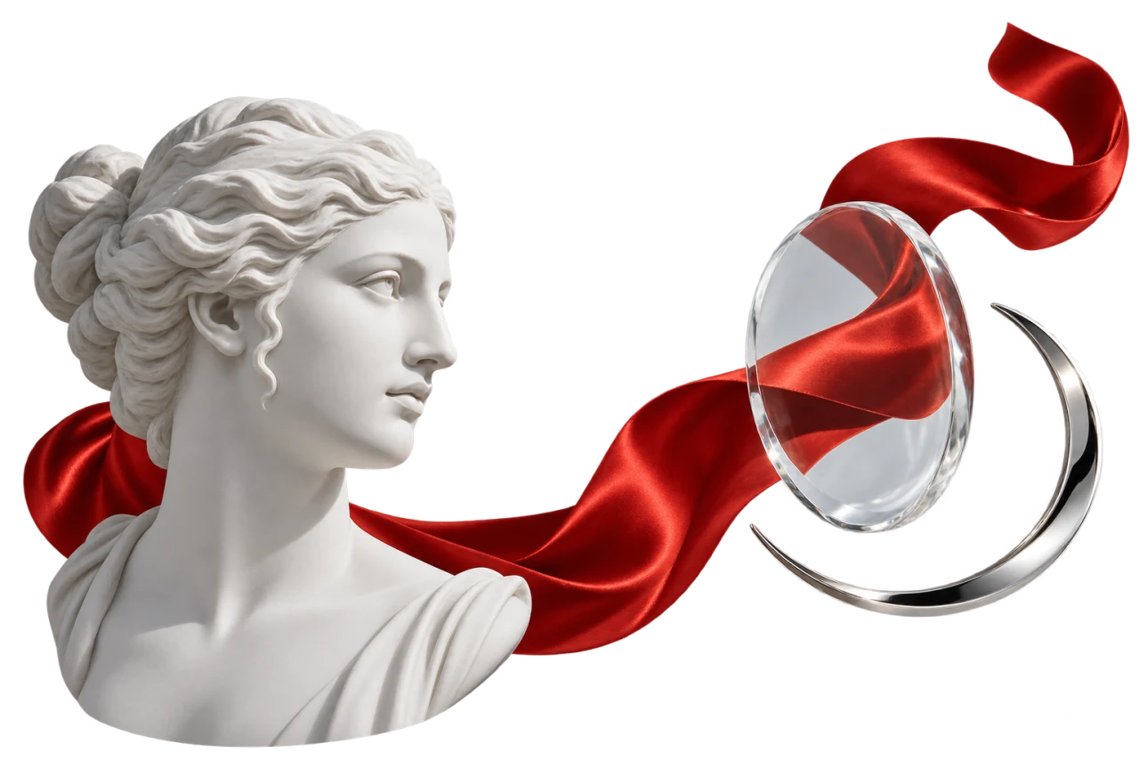 A classical Roman sculpture with red silk and optical glass.